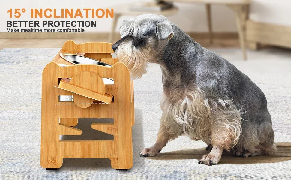 Elevated Stainless Steel Dog Feeder with Adjustable Tilted Bamboo Stand